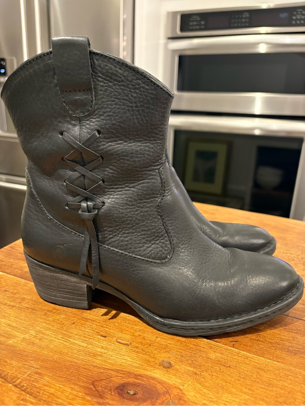 Born Black Leather Ankle Boots with Side Lace Detail